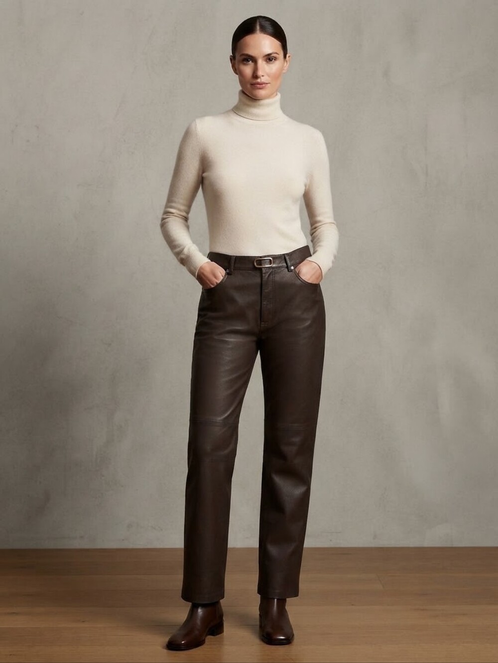Womens Dark Brown Leather Pants - Classic Straight Fit 16
